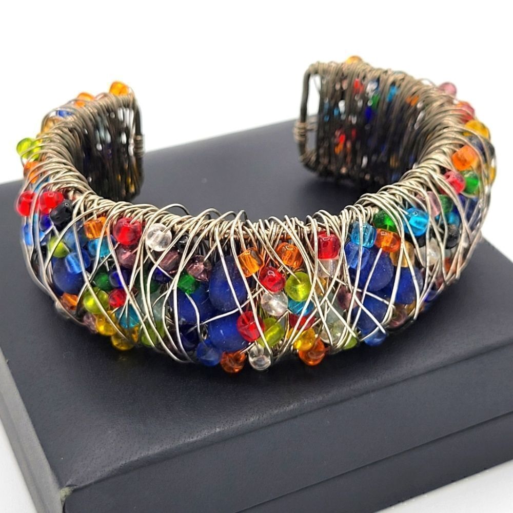 Rainbow Radiance Mesh Cuff Bracelet Colorful Beaded Silver-tone Metalic